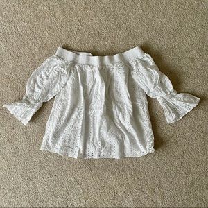 White eyelet off the shoulder top